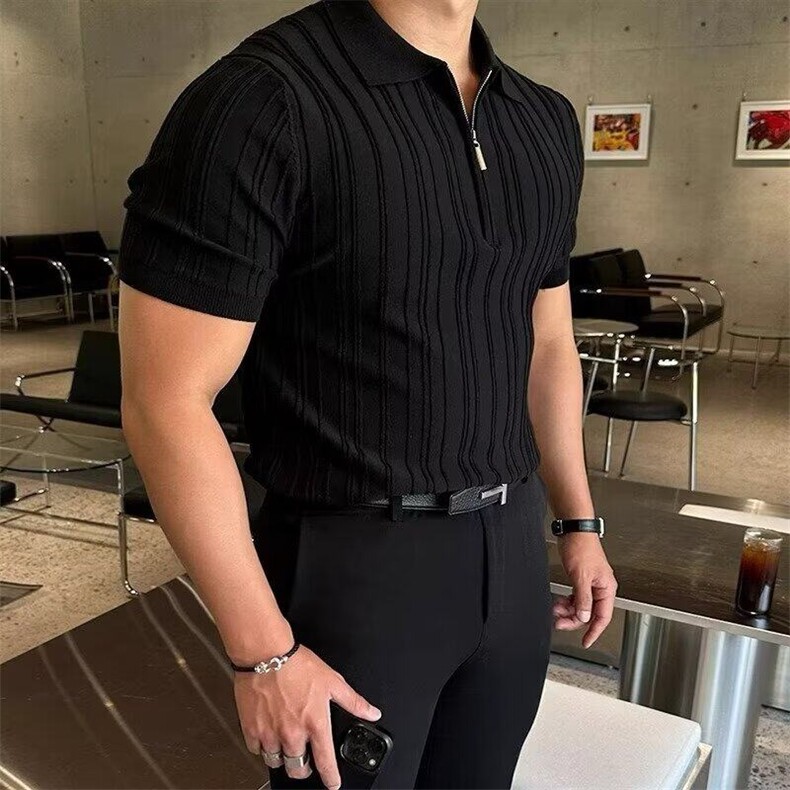 冰麻拉链针织Polo衫复古通勤商务针织短袖体恤PL99/P58,男装Polo衫,电商A243