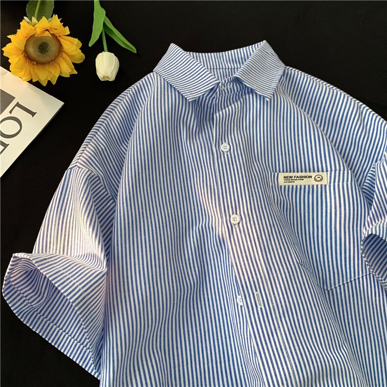 学院风日系条纹衬衫短袖夏季男女高级感衬衣-C05-p37，男装衬衫，星座222-7
