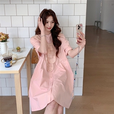 甜美少女感粉色连衣裙女2025夏季新款超好看减龄小个子披肩衬衫裙，女装连衣裙，2C107