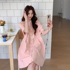 甜美少女感粉色连衣裙女2025夏季新款超好看减龄小个子披肩衬衫裙图片