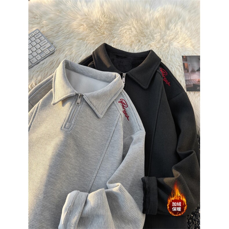 新款华夫格加绒半拉链绣花POLO衫，A061-AT01852JR-特P45-平铺图，男装Polo衫，电商A061