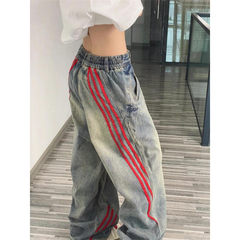 【有货】三条杠条纹牛仔裤男宽松直筒美式复古裤子G8512CC-特P55图片