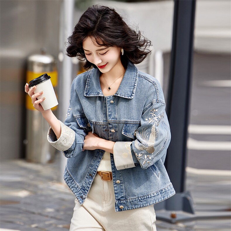 牛仔刺绣外套女春秋2025新款小个子短款百搭时尚洋气休闲夹克上衣,女装短外套,靓衣阁
