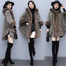 芷墨新款秋冬复古斗篷外套加厚仿羊绒毛毛连帽外套，女装毛呢外套，芷墨服饰