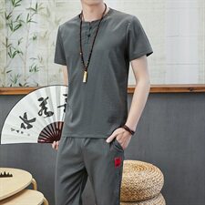夏季棉麻套装男亚麻短袖t恤潮流夏装中国风男装休闲半袖TZ028-P45，男装T恤，星座509