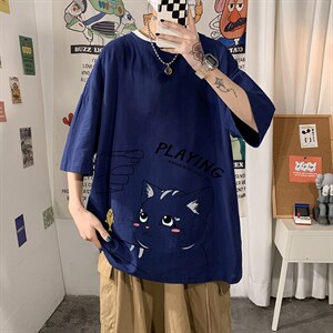 YT26129-P30亚麻短袖t恤男大码五分袖男宽松七分袖海报风,男装T恤,电商A040