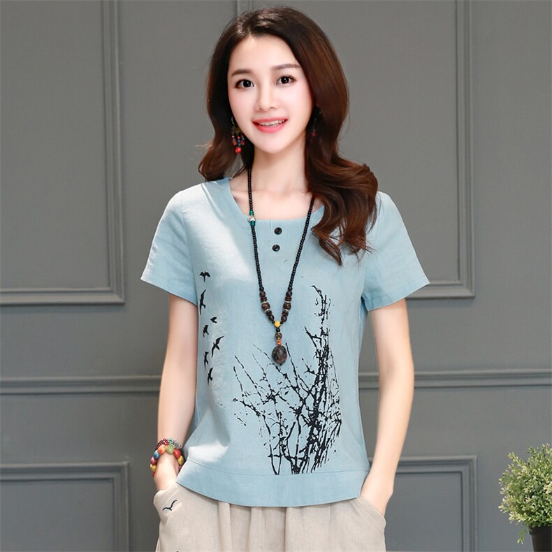 2021年夏季印花常规圆领通勤纽扣动物图案风景麻T恤，女装T恤，丽影随形