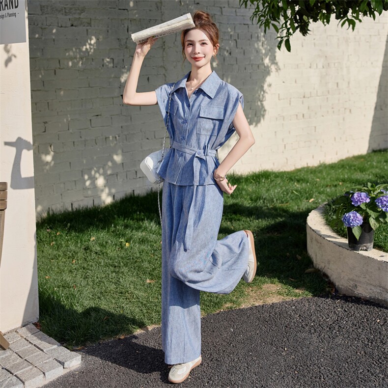 现货无袖上衣阔腿裤套装女早秋2025新款小个子炸街高级感两件套,女装套装/套裙,艾仟回(原伊仟回)