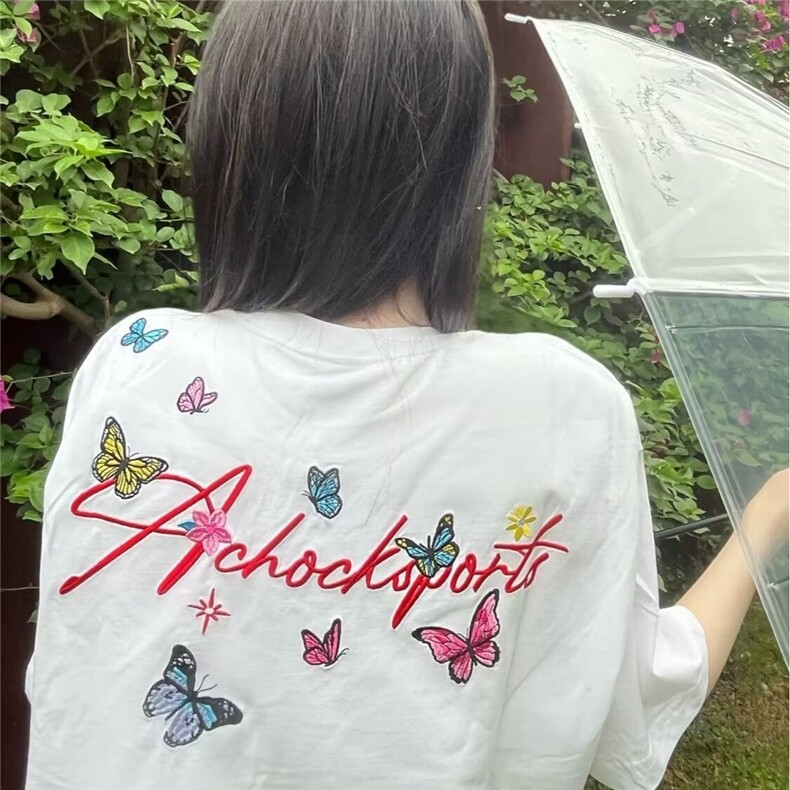 美式高街正肩环绕蝴蝶刺绣短袖T恤男女夏季2025新款情侣宽松上衣,男装T恤,星座506A