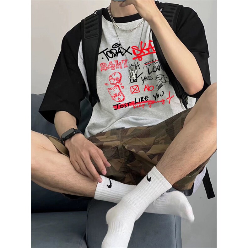 抖音得物高品质二开240克宽松纯棉美式潮牌插肩袖拼接短袖T恤,男装T恤,电商A486