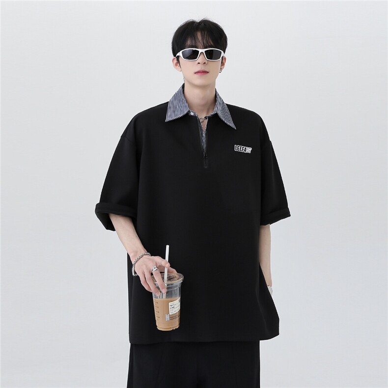 翻领假两件撞色条纹拼接印花高级感痞帅夏季POLO衫短袖T607-P48,男装Polo衫,电商C307