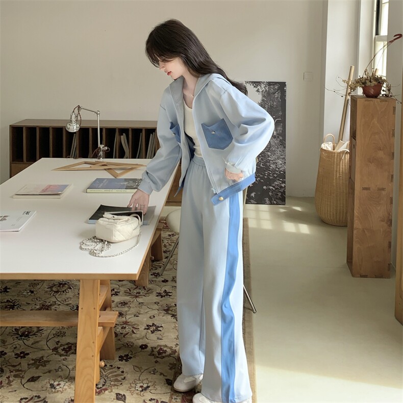蓝色学院风休闲运动套装女秋2025新款显瘦连帽开衫卫衣卫裤两件套,女装套装/套裙,2C198