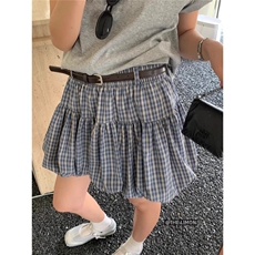 复古学院风格子配腰带花苞半身裙女夏季新款防走光格纹蓬蓬短裙子，女装半身裙，星座1210-1
