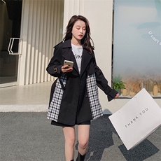 格子拼接黑色风衣外套女设计感高级春秋2025年新款爆款英伦风大衣，女装风衣，2C037