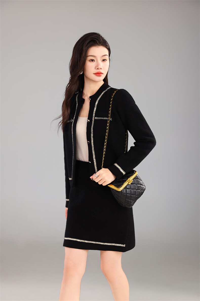 时尚优雅女士秋季新款修身显瘦针织开衫小香风套装,女装套装/套裙,奢优羊绒
