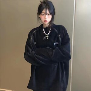 美式潮牌复古刺绣灯芯绒卫衣男女宽松圆领拉链设计感春秋上衣外套图片