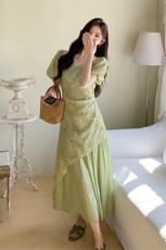 夏季新款浅绿色绝美A字裙女2025法式复古轻熟风富家千金感连衣裙，女装连衣裙，2C029