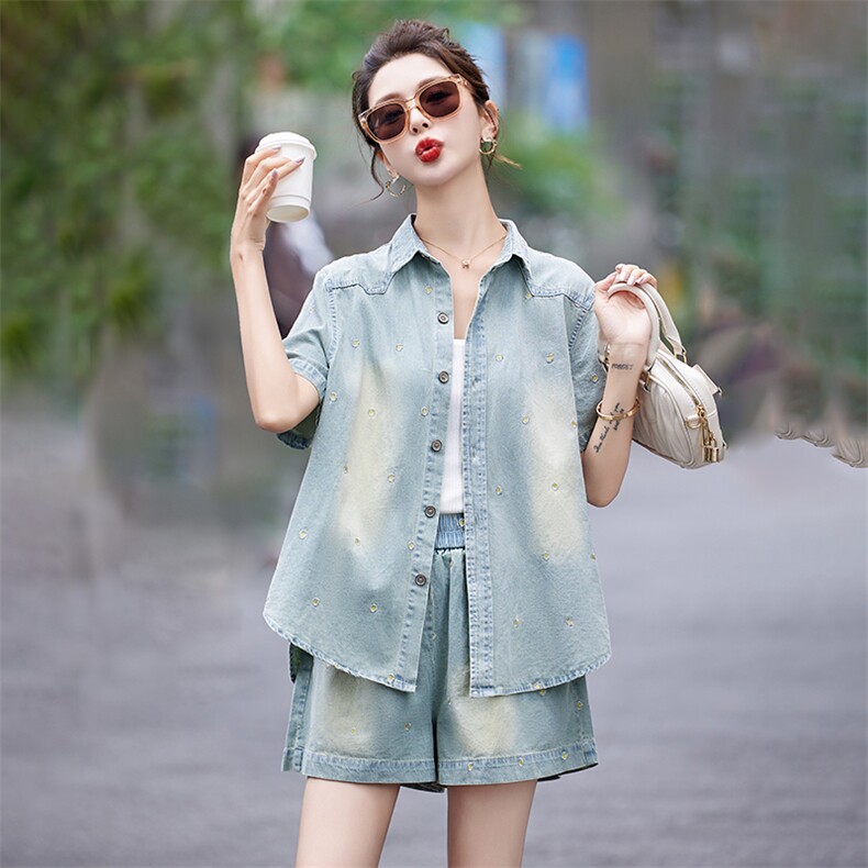 欧货夏天复古牛仔衬衫短裤套装潮2025新款女小个子休闲减龄两件套,女装套装/套裙,艾仟回(原伊仟回)