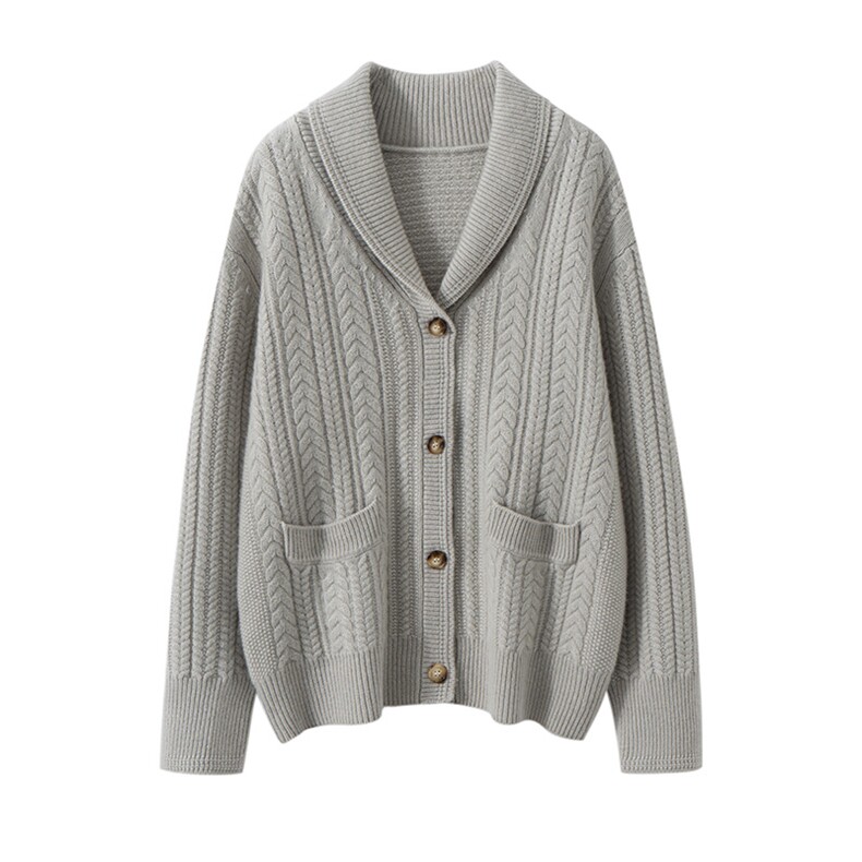 2025秋冬新款女羊绒衫100%纯山羊绒翻领宽松加厚外套纯色羊绒开衫，女装针织衫/毛衣，艾森羊绒