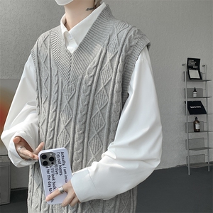 韩系叠穿复古麻花针织衫马甲男学院风早秋穿搭上衣服背心9097P58