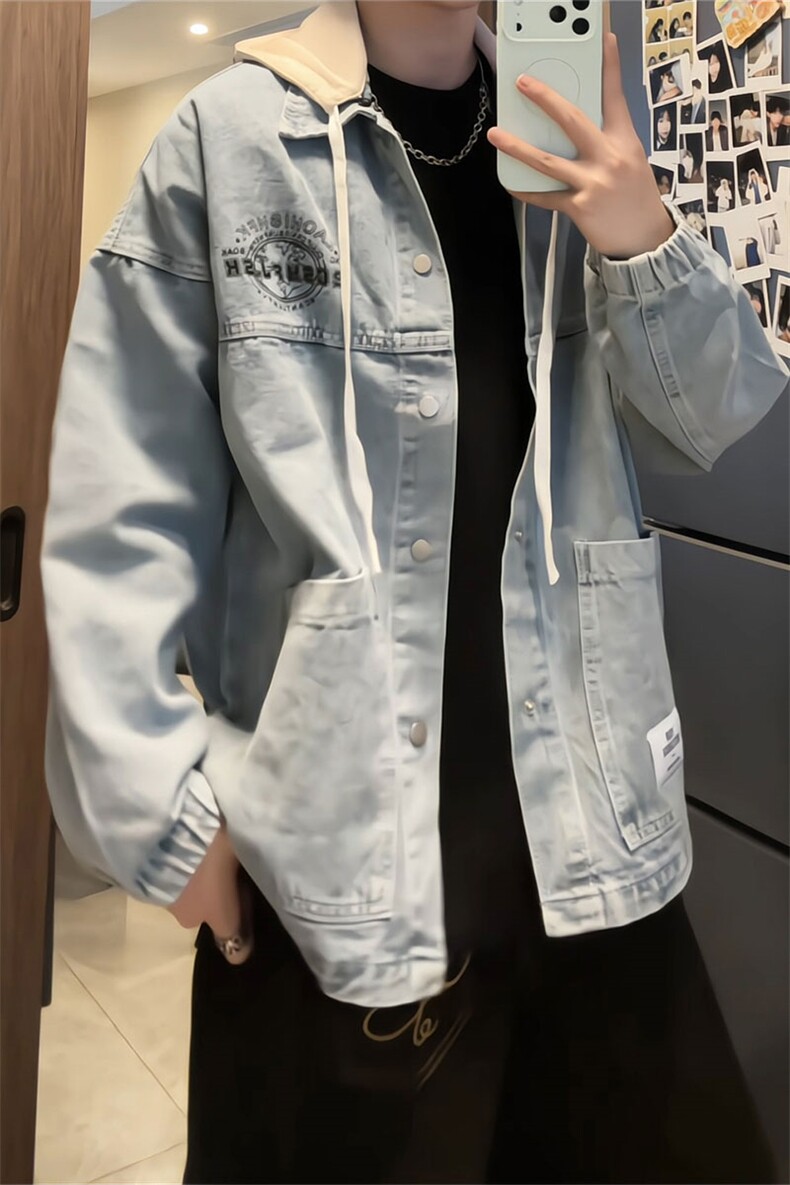 美式复古做旧牛仔夹克男连帽复古风假两件拼接外套JA888-特价P70,男装夹克,电商A007