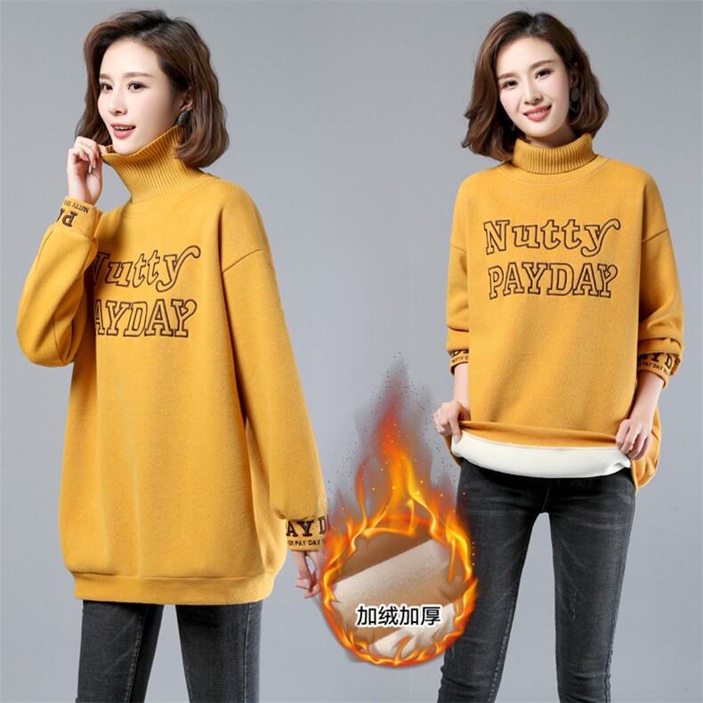 2023年秋季新款高领卫衣女中长款韩版休闲百搭加绒加厚上衣女秋冬，女装卫衣/绒衫，简韵佳