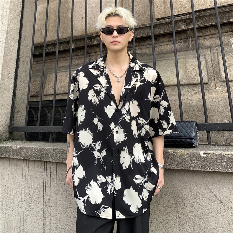潮港风复古花卉满印短袖衬衫男夏季潮牌街头百搭休闲衬衣P48,男装衬衫,电商C307