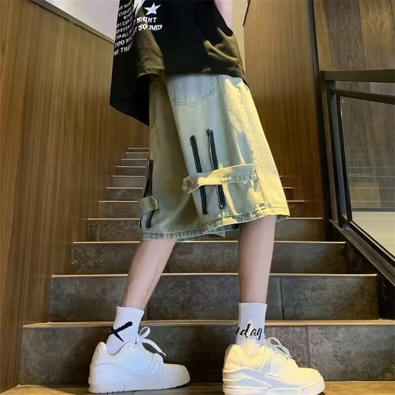 1506/Q7130/P39黄泥色复古五分裤潮牌高街设计感拉链中裤子,男装牛仔裤,星座1506