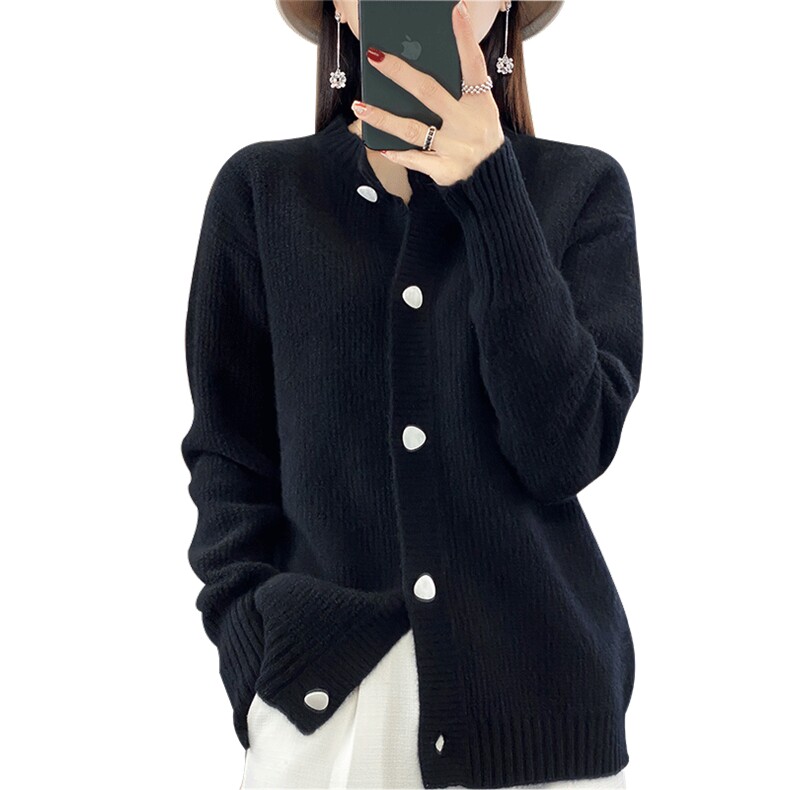 春装新款圆领系扣羊毛开衫女气质毛衣外套宽松羊绒针织厚外搭秋冬,女装羊毛衫,蒙特羊绒