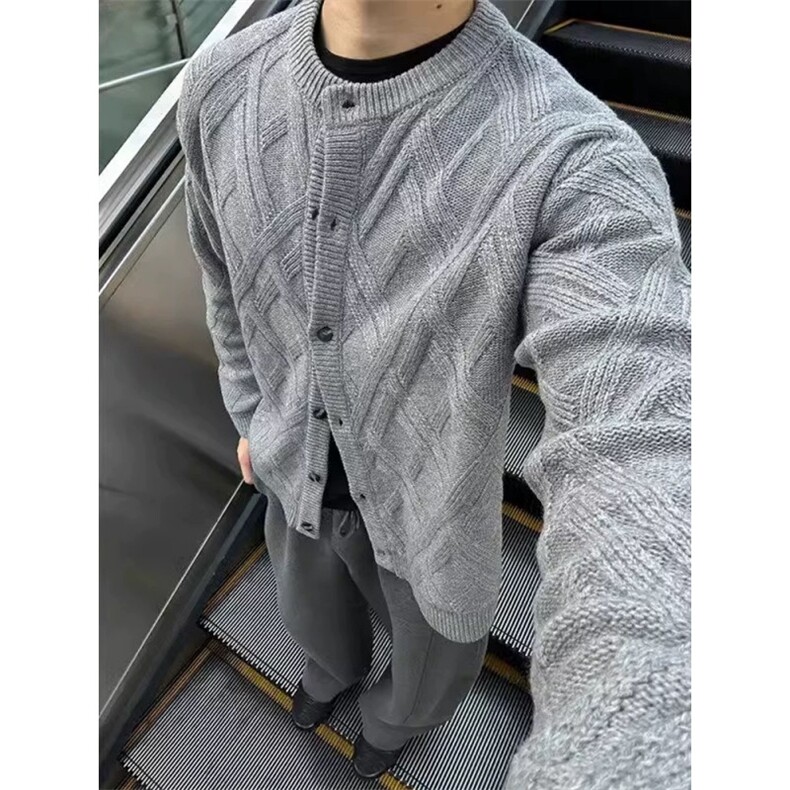 菱形灰色圆领针织开衫慵懒风宽松休闲叠穿百搭毛衣外套ZZS103P65，男装针织衫/毛衣，电商D256A(原A064A)
