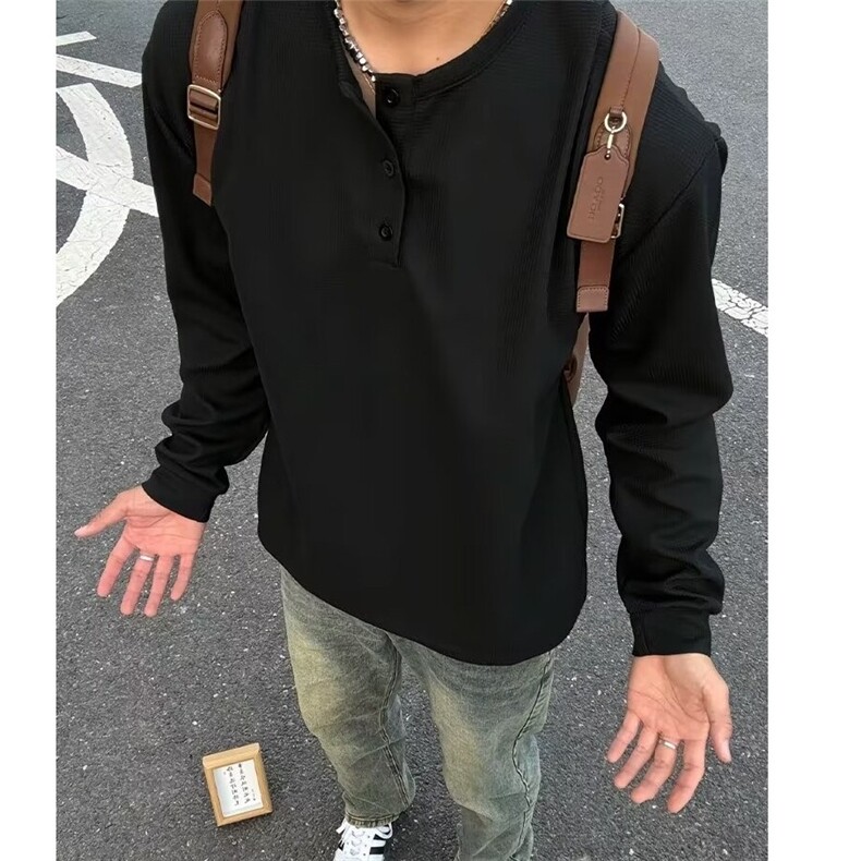 亨利领无帽卫衣男春秋季美式复古慵懒风宽松内搭休闲运动长袖T恤图片