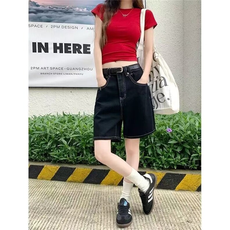 简约韩版黑色牛仔裤女夏季2025新款高腰显瘦阔腿裤百搭洋气五分裤,男装牛仔裤,星座506A