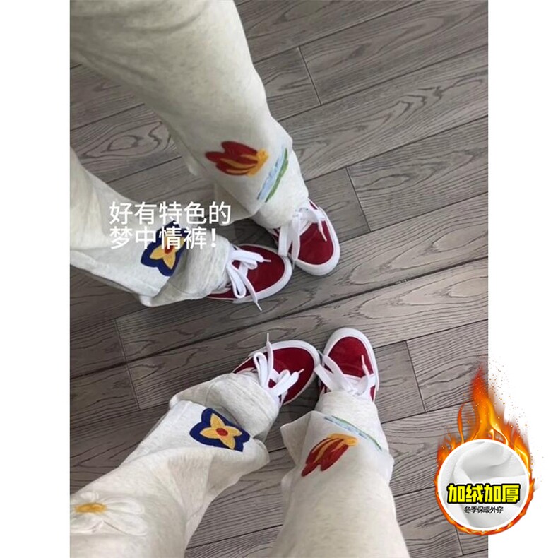 抖音得物高品质秋冬季重磅花卉刺绣潮流运动宽松加绒直筒休闲卫裤,男装休闲裤,电商A486