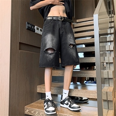 五分破洞牛仔短裤男夏季美式西海岸裤子潮牌沙滩裤工装直筒中裤，男装牛仔裤，星座410-6（原星座1304-1）