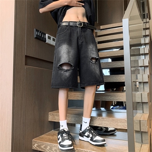 五分破洞牛仔短裤男夏季美式西海岸裤子潮牌沙滩裤工装直筒中裤图片
