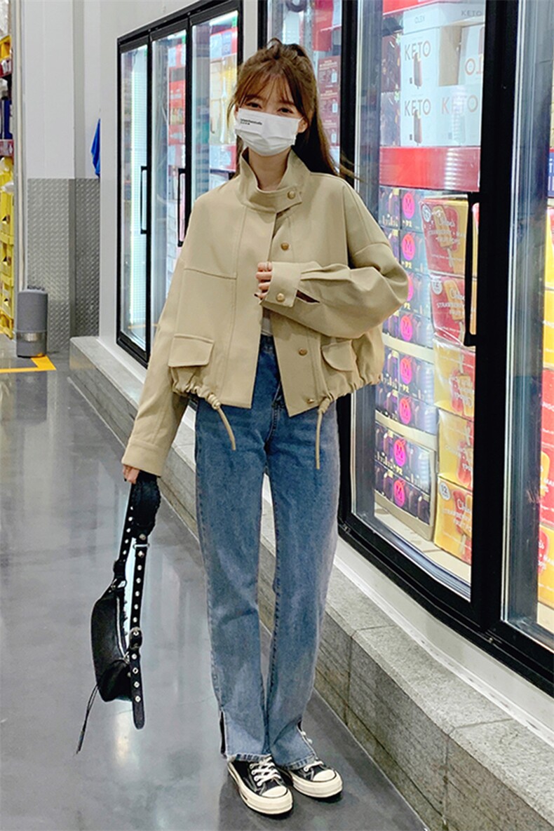 卡其色高级感工装短外套女2023年春秋新款韩版小个子显瘦夹克上衣,女装短外套,辉之琳