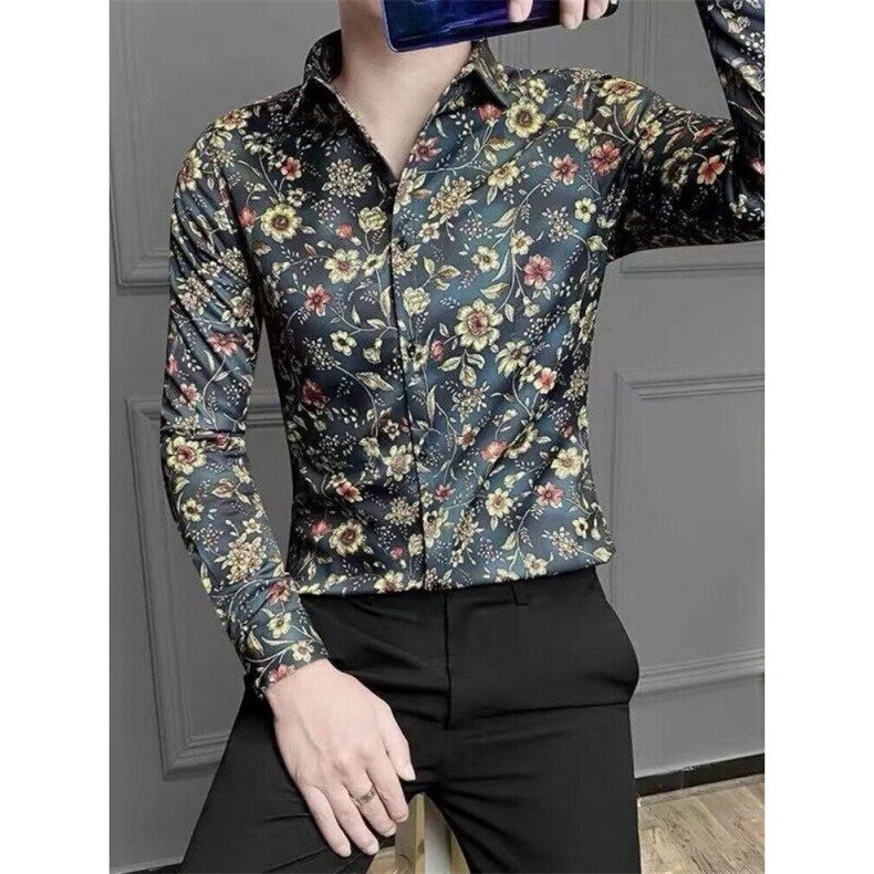 网络图现货新款社会精神小伙修身长袖衬衫男碎花衬衣RY09-P45，男装衬衫，星座1005-4