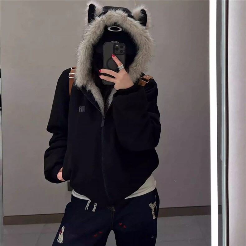 JK542-P95黑色麂皮绒毛领棉服厚座山雕外套,男装棉衣,电商B323A