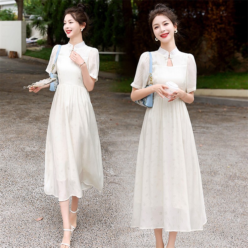 新中式连衣裙女夏季妈妈2023新款修身气质复古温柔仙女长裙现货，女装连衣裙，一安秀