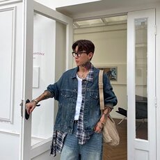 网络图假两件拼接格子牛仔夹克外套男，男装工装外套，星座410-6（原星座1304-1）