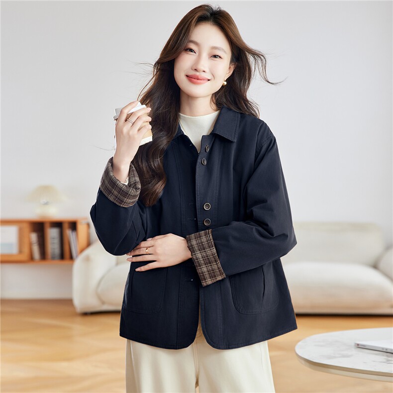 2025年冬季新款休闲格纹拼接棉服时尚妈妈款,女装棉衣/棉服,忆绮罗