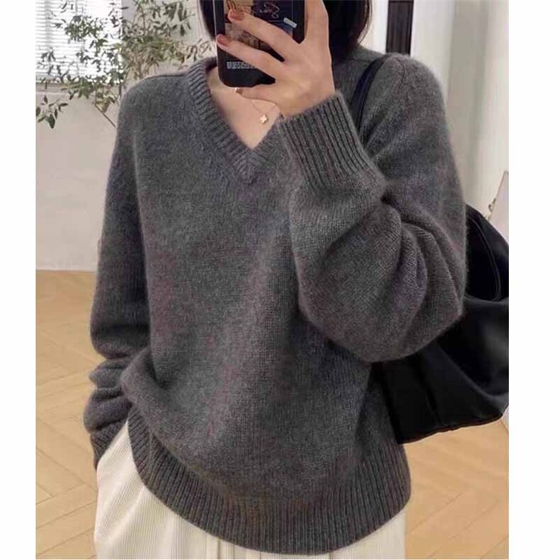 秋冬新款纯色针织v领套头上衣时尚百搭,女装羊绒衫,鹿一羊绒