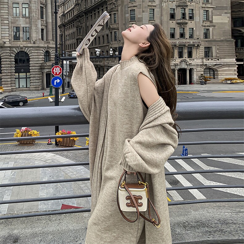 温柔慵懒风针织连衣裙套装女2025年秋冬季新款显瘦毛衣开衫两件套，女装针织衫/毛衣，浙宝276（原081）