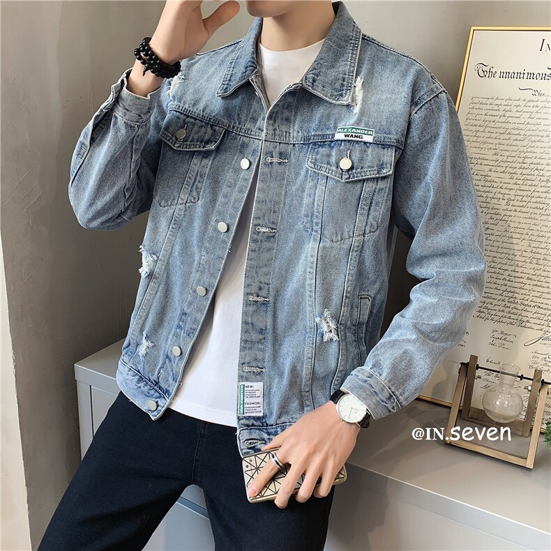 JK820-P85-现货店主风牛仔夹克肥仔量足破洞印花大码,男装夹克,星座103A
