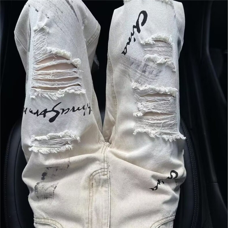 美式复古涂鸦字母破洞牛仔裤男女设计感cleanfit弯刀裤L60700-P58,男装牛仔裤,星座1008