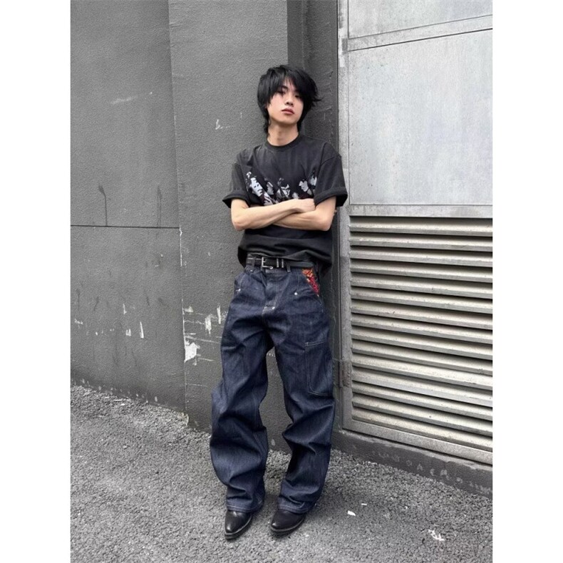 GG美式丹宁蓝设计感宽松直筒刺绣牛仔裤男hiphop休闲vibe风长裤图片