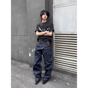 GG美式丹宁蓝设计感宽松直筒刺绣牛仔裤男hiphop休闲vibe风长裤图片