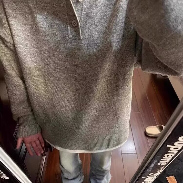 现货大码美式复古亨利领毛衣灰色针织衫慵懒外套LF527P40加绒P55,男装针织衫/毛衣,电商D256-2(原A064-2)