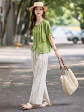 时尚棉麻短袖衬衫女2025夏季新款宽松显瘦遮肉刺绣小衫妈妈装上衣，女装套装/套裙，依万里