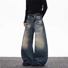 自家图复古蓝色S-3XL水洗猫须宽松牛仔裤XZ212-1-QNK9034-P57，男装牛仔裤，星座212-1